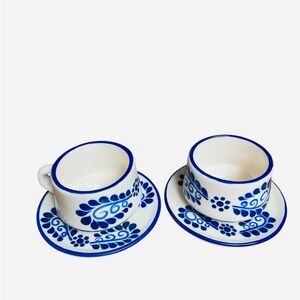 Talavera Ceramic Mug & Saucer Blue White Hand Painted Mexican Coffee Mug Set 2